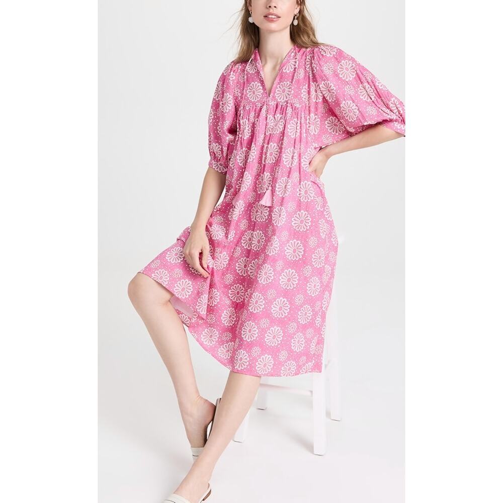 MILLE Resort Saffron Pink Daisy Print Cotton Puff Sleeve Midi Dress Tuckernuck - Picture 5 of 12